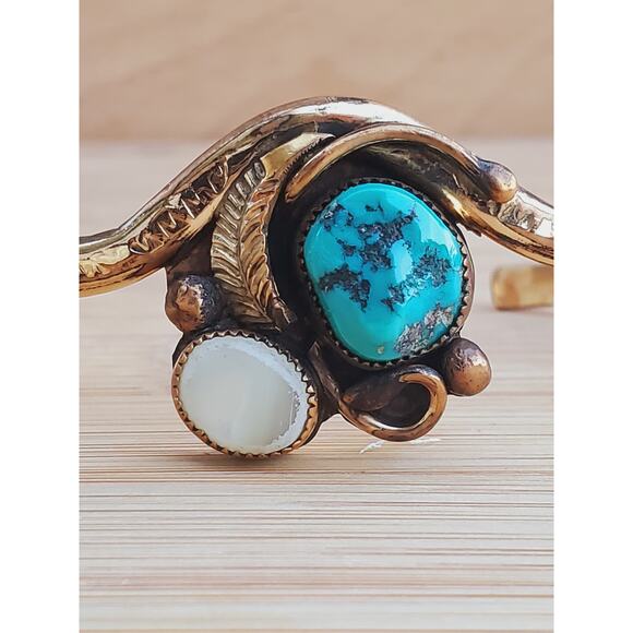 Navajo Turquoise Sterling Silver GF Gold Filed Cuff Bracelet Small 6.75in - Picture 3 of 9